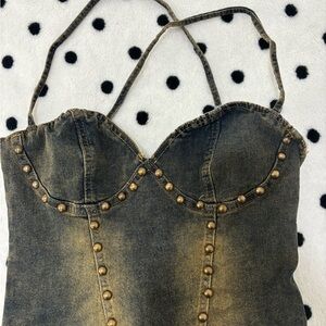 Studded Denim Bustier Top